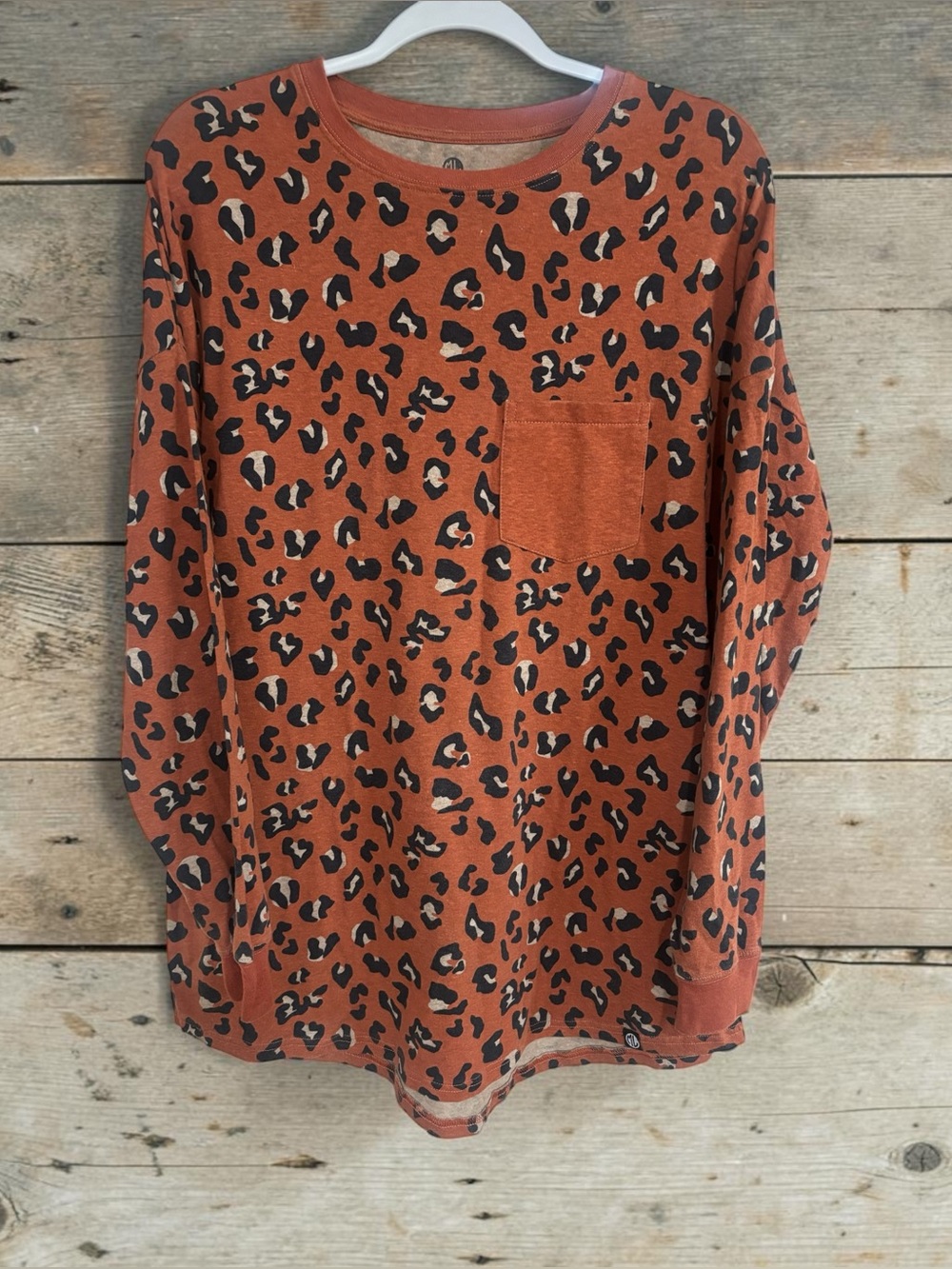 Women’s Leopard Print Long Sleeve Pocket Tee - Rust